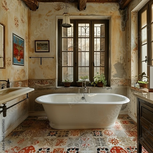 full view of a Bathroom  with a large bathtub  Poster on the wall and stylish floor  with arts and decorations