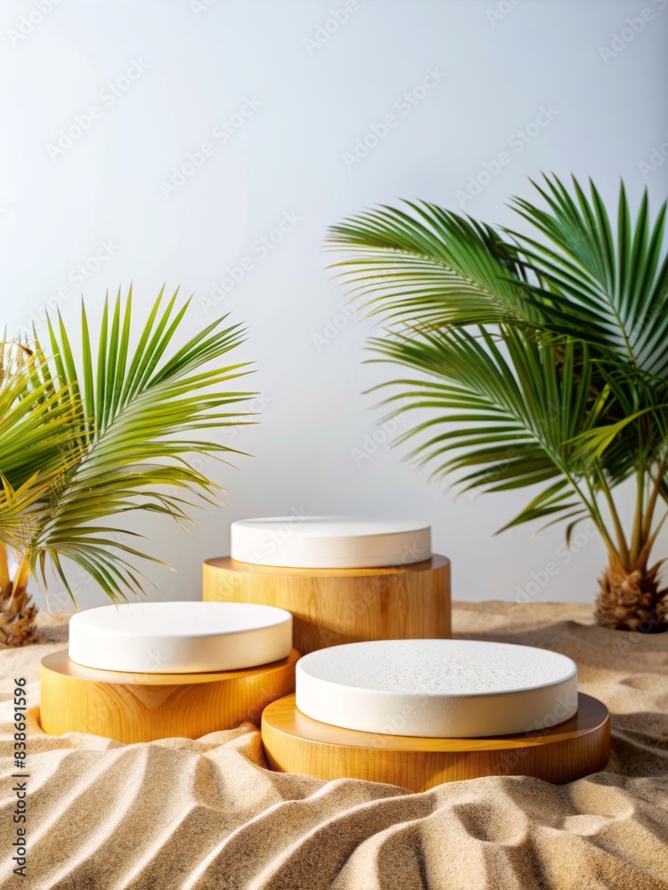 Elegant Wooden Podium Display for Product Presentation with Tropical Palm Leaves and Sand Background - Ideal for Modern, Natural, and Minimalistic Product Showcases Elegant Wooden Podium Display for Product Presentation with Tropical Palm Leaves and Sand Background - Ideal for Modern, Natural, and Minimalistic Product Showcases