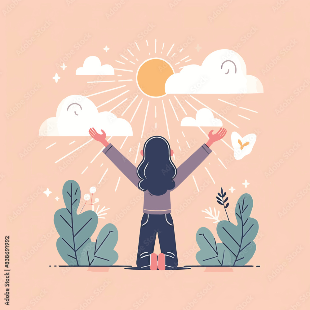 Obraz premium Girl with Arms Open in Worship: Flat Vector Illustration, Minimalist Design