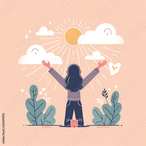 Girl with Arms Open in Worship: Flat Vector Illustration, Minimalist Design