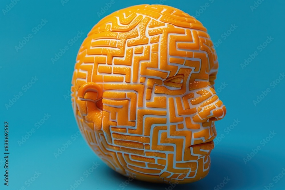 Maze pattern orange head sculpture on blue background artistic exploration of beauty and mystery Maze pattern orange head sculpture on blue background artistic exploration of beauty and mystery