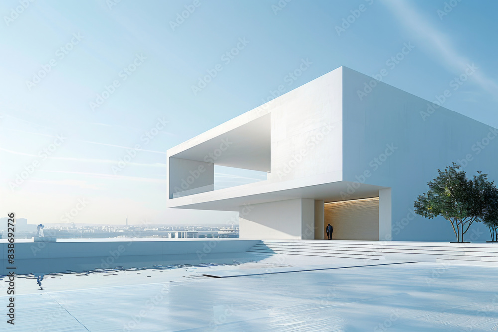 White Building on a blue sky backdrop.Modern concrete architecture.
White Building on a blue sky backdrop.Modern concrete architecture.