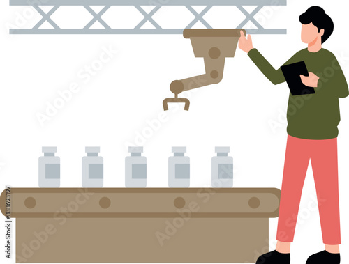 Boy holding bottles for conveyor.