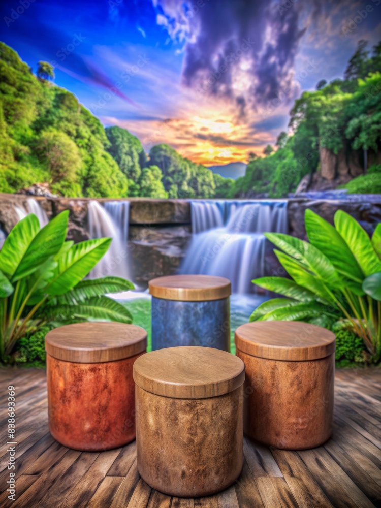 Elegant Wooden Podiums for Product Display with Scenic Waterfall Background and Lush Greenery Elegant Wooden Podiums for Product Display with Scenic Waterfall Background and Lush Greenery