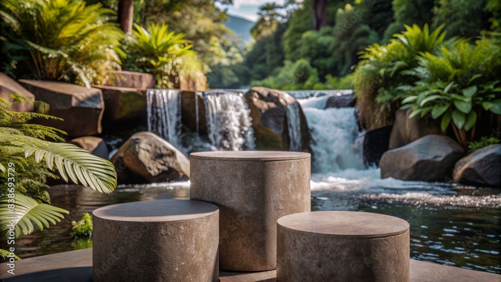Obraz premium Elegant Stone Podium for Product Display in Serene Natural Setting with Waterfall and Lush Greenery, Perfect for Showcasing Beauty, Wellness, and Eco-Friendly Products