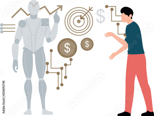 The boy is talking to the humanoid robot.