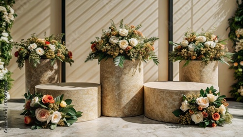 Elegant Podium Display with Floral Arrangements for Product Presentation, Modern Cylindrical Platforms, Perfect for Showcasing Luxury Items, Cosmetics, Jewelry, or Home Decor in a Stylish Setting