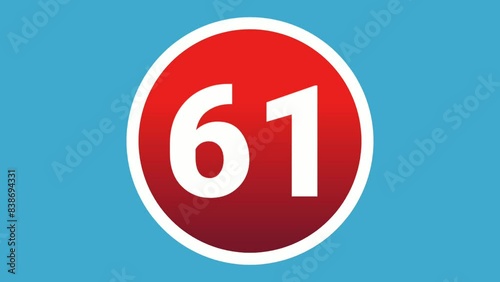 Number 61 sign symbol animation motion graphics icon on red sphere on blue background,cartoon video number for video elements