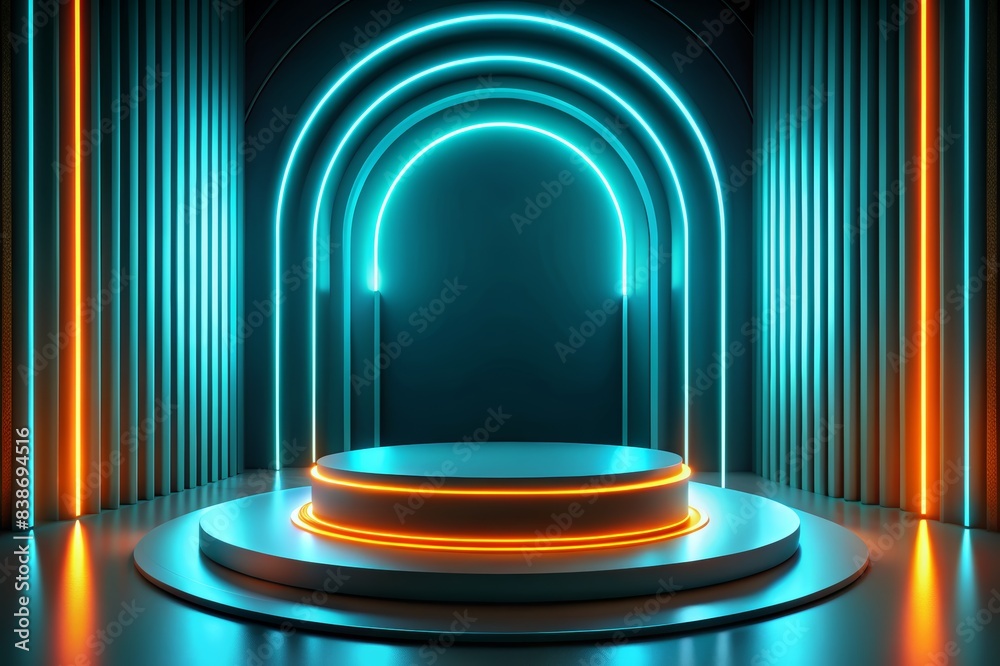 Modern Illuminated Podium for Product Display with Neon Lights and Futuristic Design in a Dark Room Modern Illuminated Podium for Product Display with Neon Lights and Futuristic Design in a Dark Room