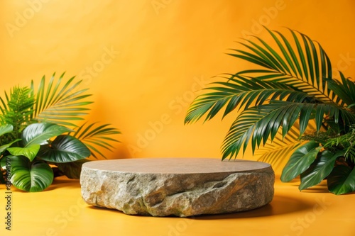 Natural Stone Podium for Product Display with Tropical Leaves on Vibrant Orange Background - Ideal for Cosmetics, Jewelry, and Small Items