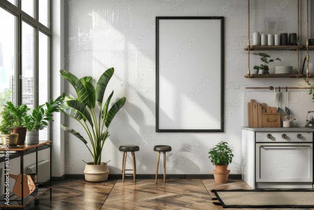 Poster mockup in scandinavian kitchen interior created with generative ai Poster mockup in scandinavian kitchen interior created with generative ai