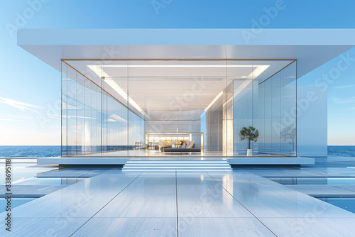 White Building on a blue sky backdrop.Modern concrete architecture.
