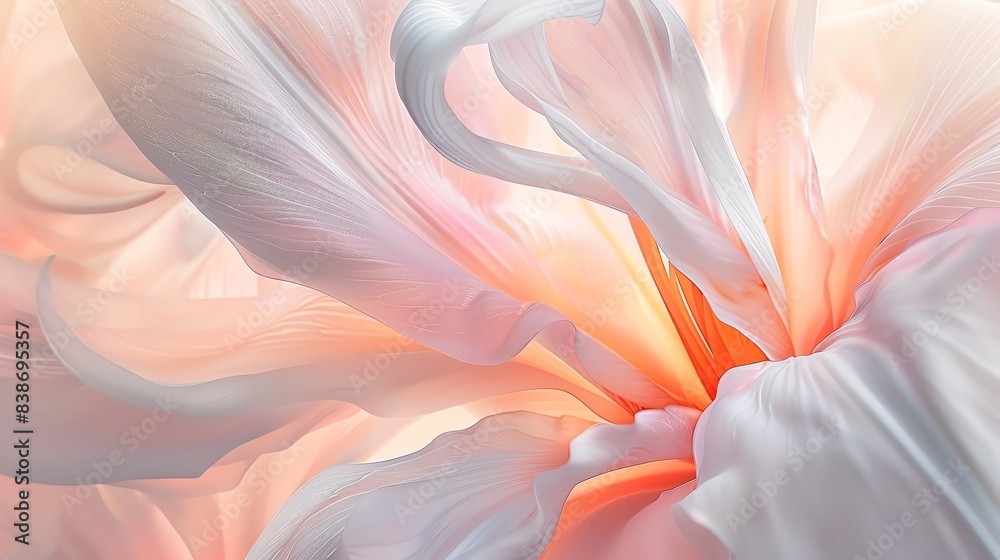 Obraz premium modern, minimalistic art style, silk lily petal wallpaper, light color, see-through, soft light, flowing see-through, precise hyperrealism, mesmerizing color scape, octane