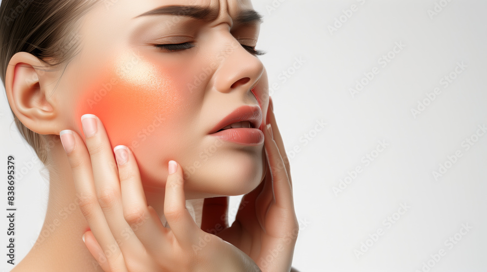 Toothache Torment: Woman's Cheek Agony On White Background Toothache Torment: Woman's Cheek Agony On White Background