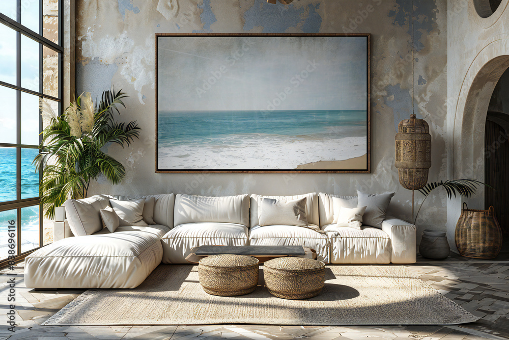 White living room interior with sofa and armchair, shelf with art decoration, carpet on hardwood floor. Panoramic window on tropics White living room interior with sofa and armchair, shelf with art decoration, carpet on hardwood floor. Panoramic window on tropics