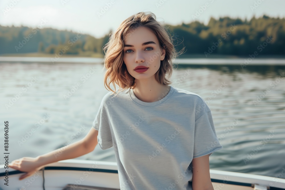 Caucasian female model wearing grey crewneck t-shirt posing on boat in lake
