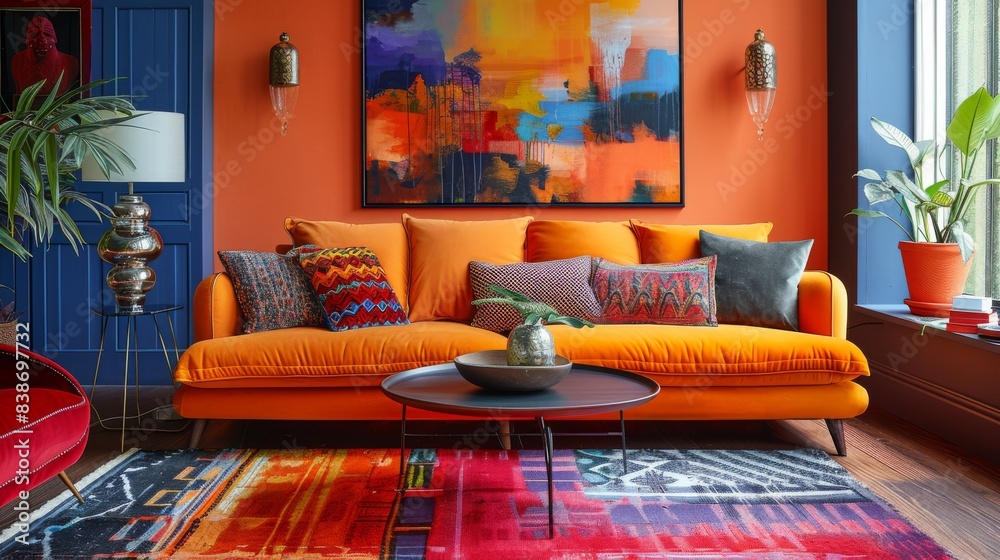 A vibrant living room with colorful art on the walls, a cozy sofa, and