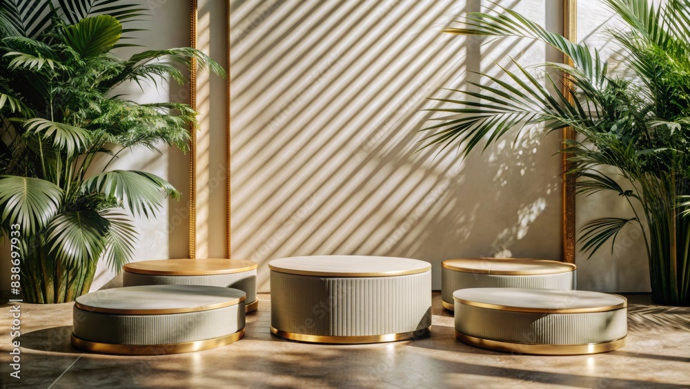Elegant Modern Podium for Product Display with Tropical Plants and Natural Lighting in Minimalist Setting Elegant Modern Podium for Product Display with Tropical Plants and Natural Lighting in Minimalist Setting