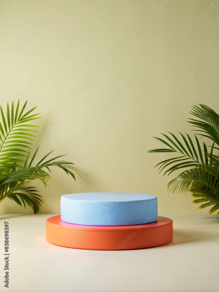 Modern Minimalist Podium for Product Display with Tropical Plants in Background - Ideal for Showcasing Cosmetics, Gadgets, and Fashion Accessories Modern Minimalist Podium for Product Display with Tropical Plants in Background - Ideal for Showcasing Cosmetics, Gadgets, and Fashion Accessories