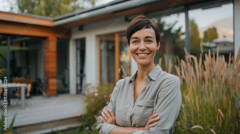 A professional Caucasian woman real estate agent with short hair stands outside a sleek, minimalist house with a neutral color scheme and large windows, smiling warmly A professional Caucasian woman real estate agent with short hair stands outside a sleek, minimalist house with a neutral color scheme and large windows, smiling warmly