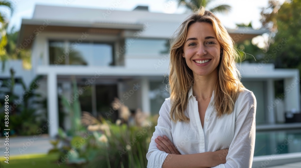 A professional Caucasian woman real estate agent stands proudly in front of a sleek, minimalist house with a clean and simple exterior, smiling warmly A professional Caucasian woman real estate agent stands proudly in front of a sleek, minimalist house with a clean and simple exterior, smiling warmly