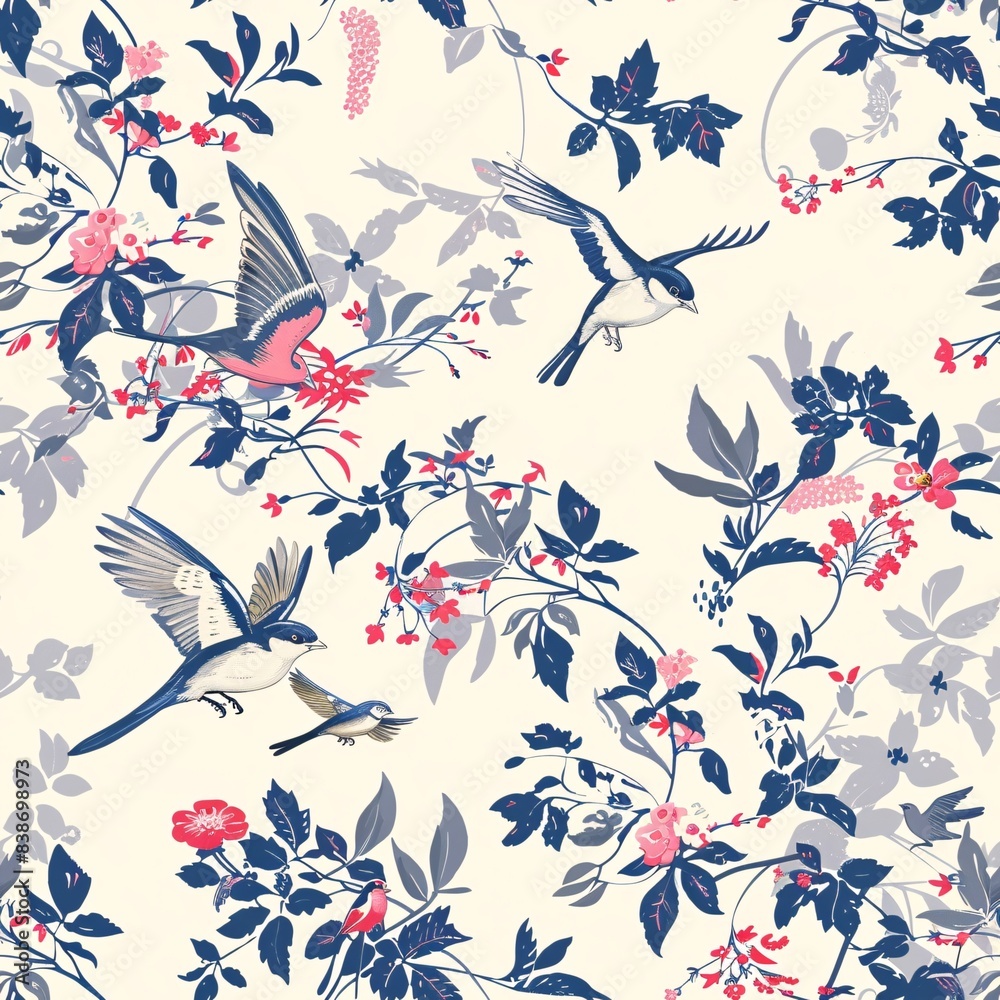 A seamless pattern of birds in flight and floral arrangements, creating a dynamic and lively design A seamless pattern of birds in flight and floral arrangements, creating a dynamic and lively design