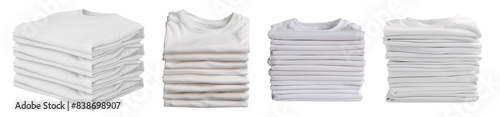 Set of stack and neatly folded t-shirts in white color tone on a transparent background. Isolated mockup of clothes in front, top, and isometric view.