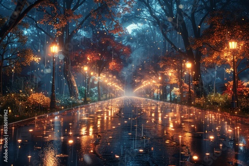 rain falling around trees in digital painting Oil Painting style, with hues of light emerald and azure creating a fantastical street ambiance.