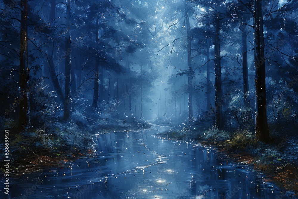 Fototapeta premium rain falling around trees in digital painting Oil Painting style, with hues of light emerald and azure creating a fantastical street ambiance.