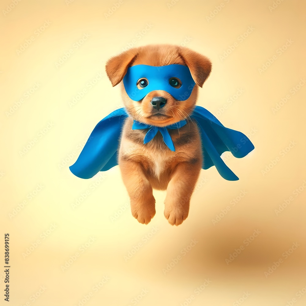 Fototapeta premium create a image of hero puppy, a Cute orange tabby puppy with a red cloak and mask jumping and flying on light yellow background with copy space. The concept of a superhero, super puppy,ai_generated