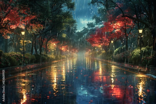 rain falling around trees in digital painting Oil Painting style  with hues of light emerald and azure creating a fantastical street ambiance.