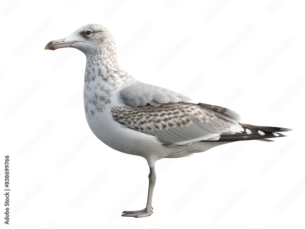 Obraz premium Close-up of a seagull with white and brown plumage, standing and isolated on a white background, showcasing the bird in profile view.