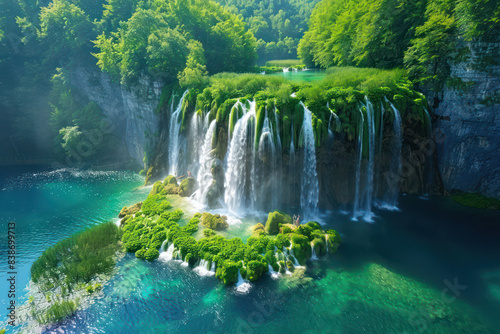 Exotic waterfall and lake landscape lush greenery  natural beauty and tranquility of lakes National Park. showcasing the beauty of nature for Ads  banner  magazine. Generative AI