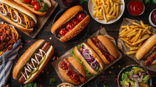 Wallpaper Mural A picnic table covered in patriotic decorations, with plates of traditional 4th of July food like hotdogs and hamburgers Torontodigital.ca
