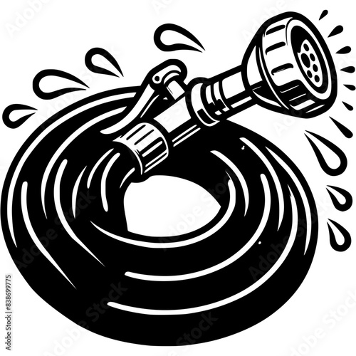 Garden rubber hose with water sprinkler, rolled into ring in monochrome. Farm equipment for watering plants. Simple minimalistic vector in black ink drawing on transparent background