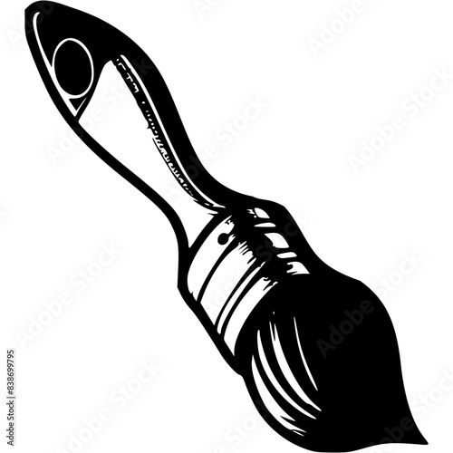 Medium width paint brush in monochrome. Tool for painting repair work. Simple minimalistic vector in black ink drawing on transparent background