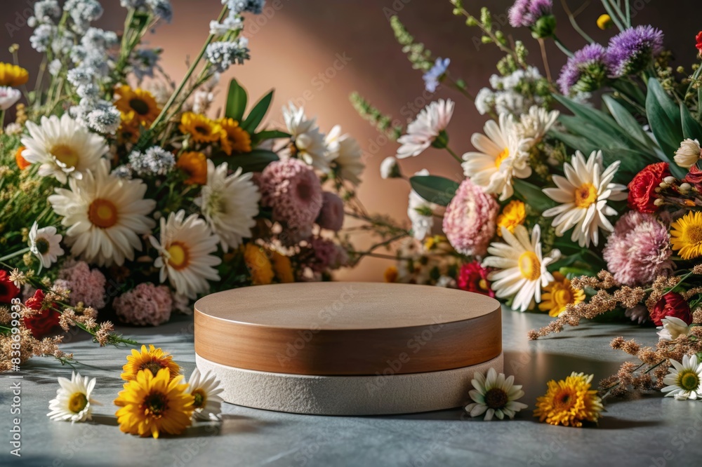 Elegant Wooden Podium for Product Display Surrounded by Vibrant Flowers, Perfect for Showcasing Cosmetics, Jewelry, or Small Items in a Natural and Aesthetic Setting Elegant Wooden Podium for Product Display Surrounded by Vibrant Flowers, Perfect for Showcasing Cosmetics, Jewelry, or Small Items in a Natural and Aesthetic Setting