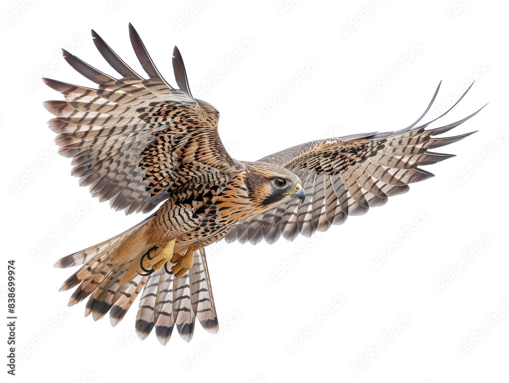 Fototapeta premium Majestic falcon in mid-flight, showcasing its impressive wingspan and intricate feather pattern against a clear background.