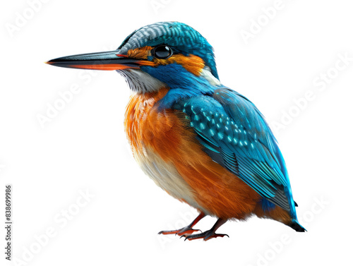 Vibrant blue and orange kingfisher bird with intricate feather details, isolated on a white background. High-resolution wildlife photography. © ชลธิชา สว่างวงค์