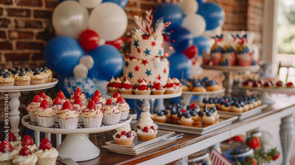 A patriotic themed dessert table at a 4th of July party, with red, white, and blue sweets and decorations A patriotic themed dessert table at a 4th of July party, with red, white, and blue sweets and decorations