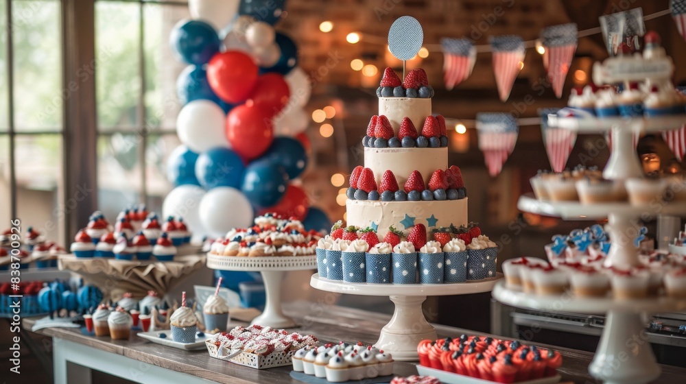 A patriotic themed dessert table at a 4th of July party, with red, white, and blue sweets and decorations A patriotic themed dessert table at a 4th of July party, with red, white, and blue sweets and decorations