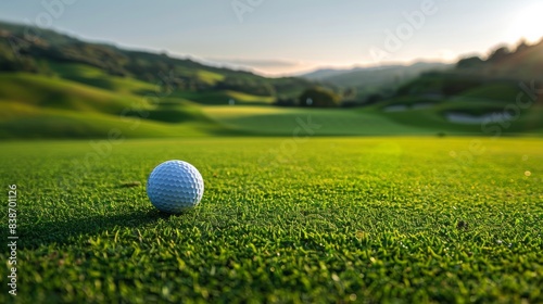 A panoramic view of a golf course, with a golf ball in the foreground and rolling green hills in the background