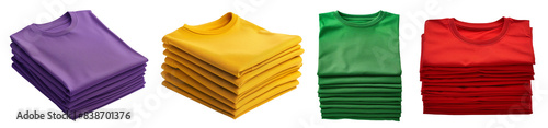 Set of stack and neatly folded t-shirts in vibrant colorful colours on a transparent background. Isolated mockup of clothes in front, top, and isometric view. photo