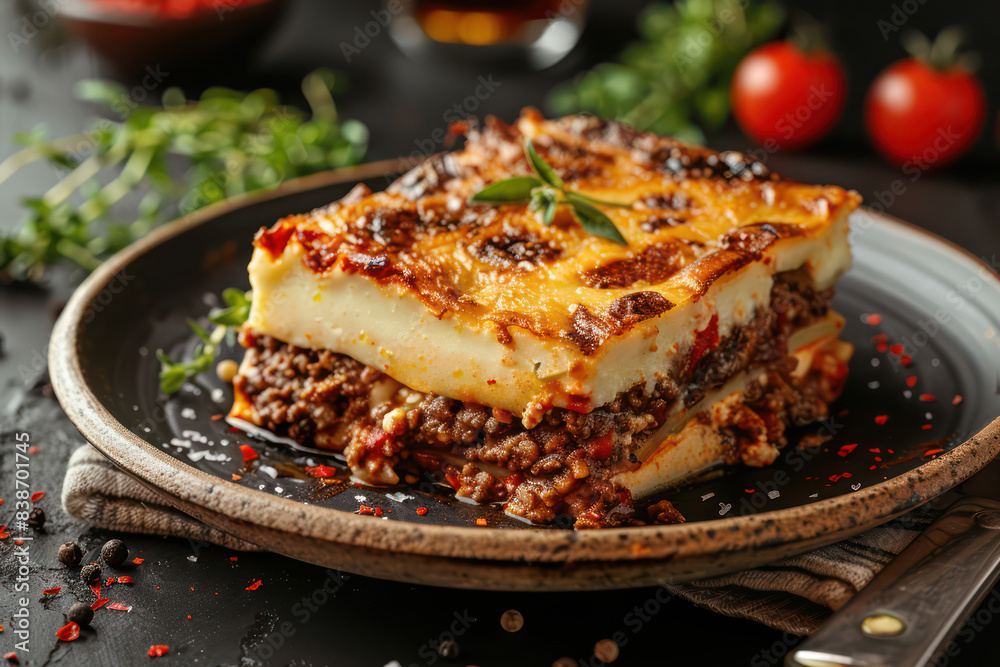 High-detail shot of a Greek moussaka dish potato and meat casserole with cheese, layers visible, traditional Mediterranean recipe. Food and cuisine concept for poster or menu, cafe, Banner, Ads High-detail shot of a Greek moussaka dish potato and meat casserole with cheese, layers visible, traditional Mediterranean recipe. Food and cuisine concept for poster or menu, cafe, Banner, Ads