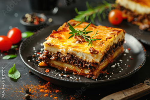 High-detail shot of a Greek moussaka dish potato and meat casserole with cheese  layers visible  traditional Mediterranean recipe. Food and cuisine concept for poster or menu  cafe  Banner  Ads