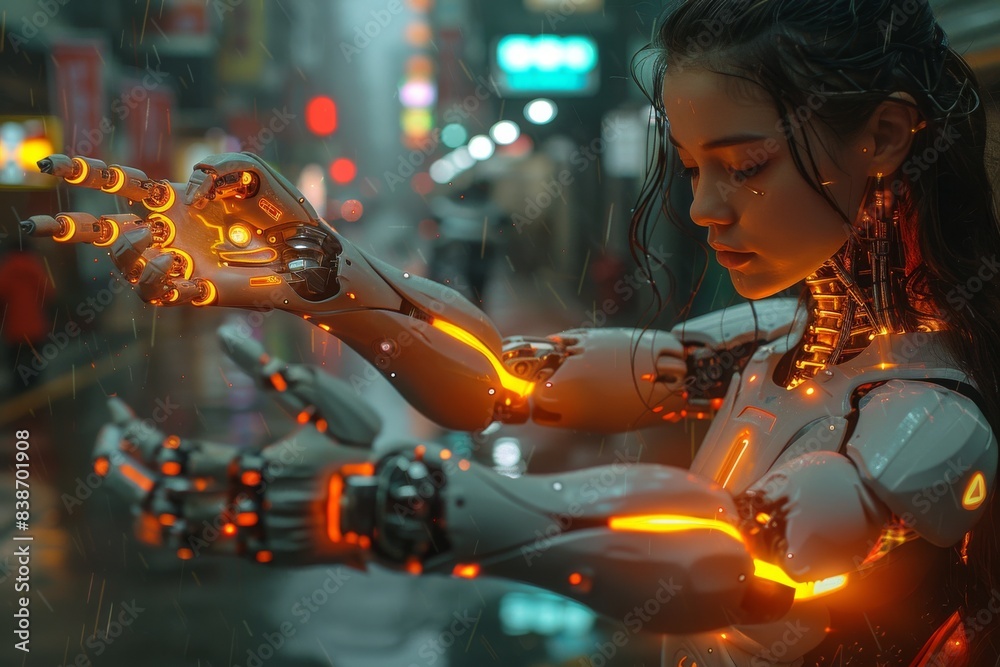 Relationship of a human and robot in close proximity, evoking themes of collaboration and coexistence in the digital age. Relationship of a human and robot in close proximity, evoking themes of collaboration and coexistence in the digital age.