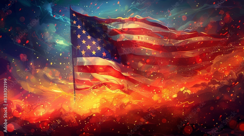 An American flag waving in the wind, with a background of people celebrating Independence Day