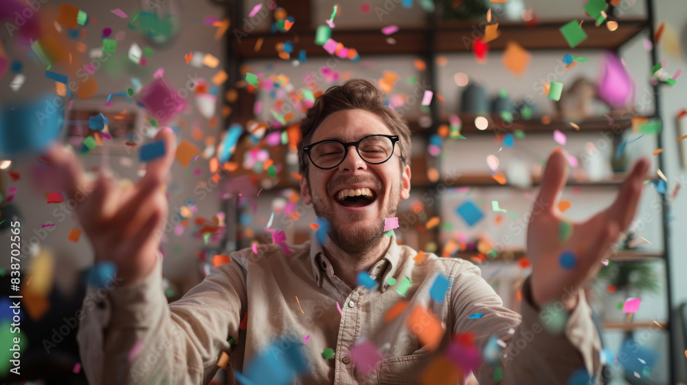 Obraz premium Happy Man in Modern Office Celebrating with Colorful Confetti