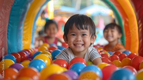 Joyful child playing with toys in a colorful playground