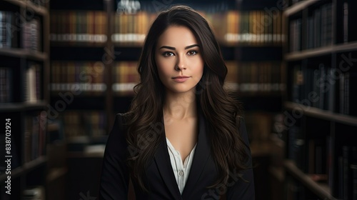 photograph of a mesmerizing young accountant with captivating dark hair, her gaze fixed intently on the camera. She is standing confidently, arms crossed, against a backdrop of towering bookshelves.  photo